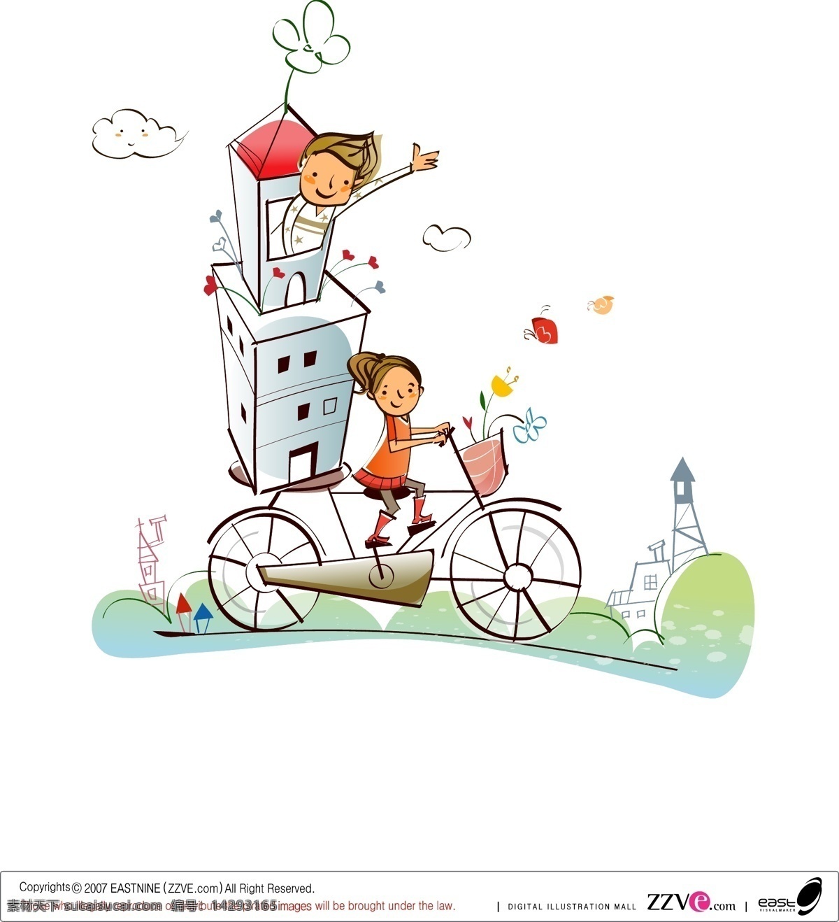 童话 般 王国 高清 矢量图 源文件 房子 矢量插画 骑车的小女孩 矢量人物