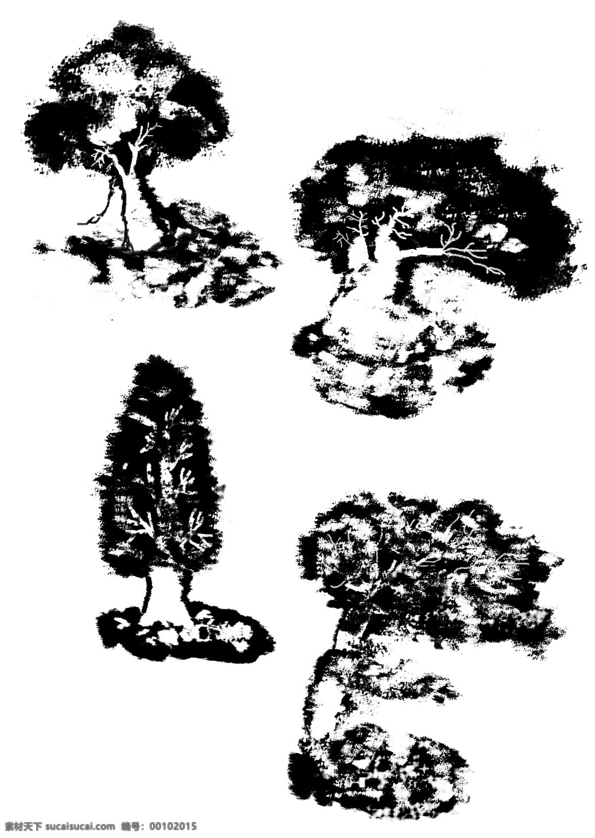 水墨 风格 树木 形态 黑白 素描 手绘