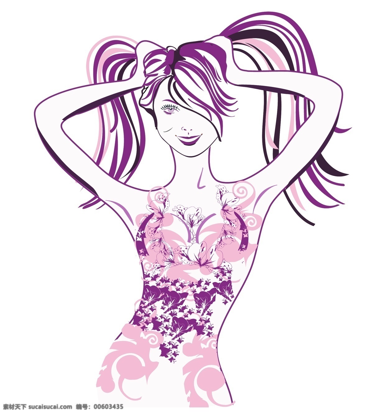 夜 女郎 时尚 女性 抽象 性感 紫色 长发 矢量 源文件