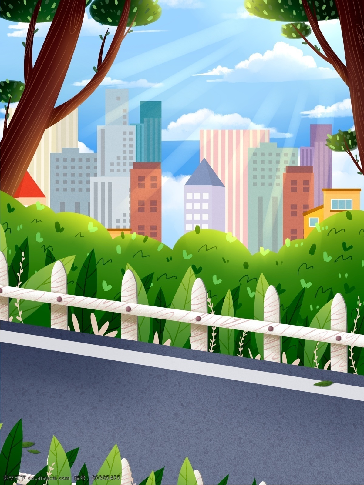 户外 风景 插画 背景 建筑物 房屋 跑道 植物 卡通 彩色 创意 装饰 设计背景 海报背景 简约 图案