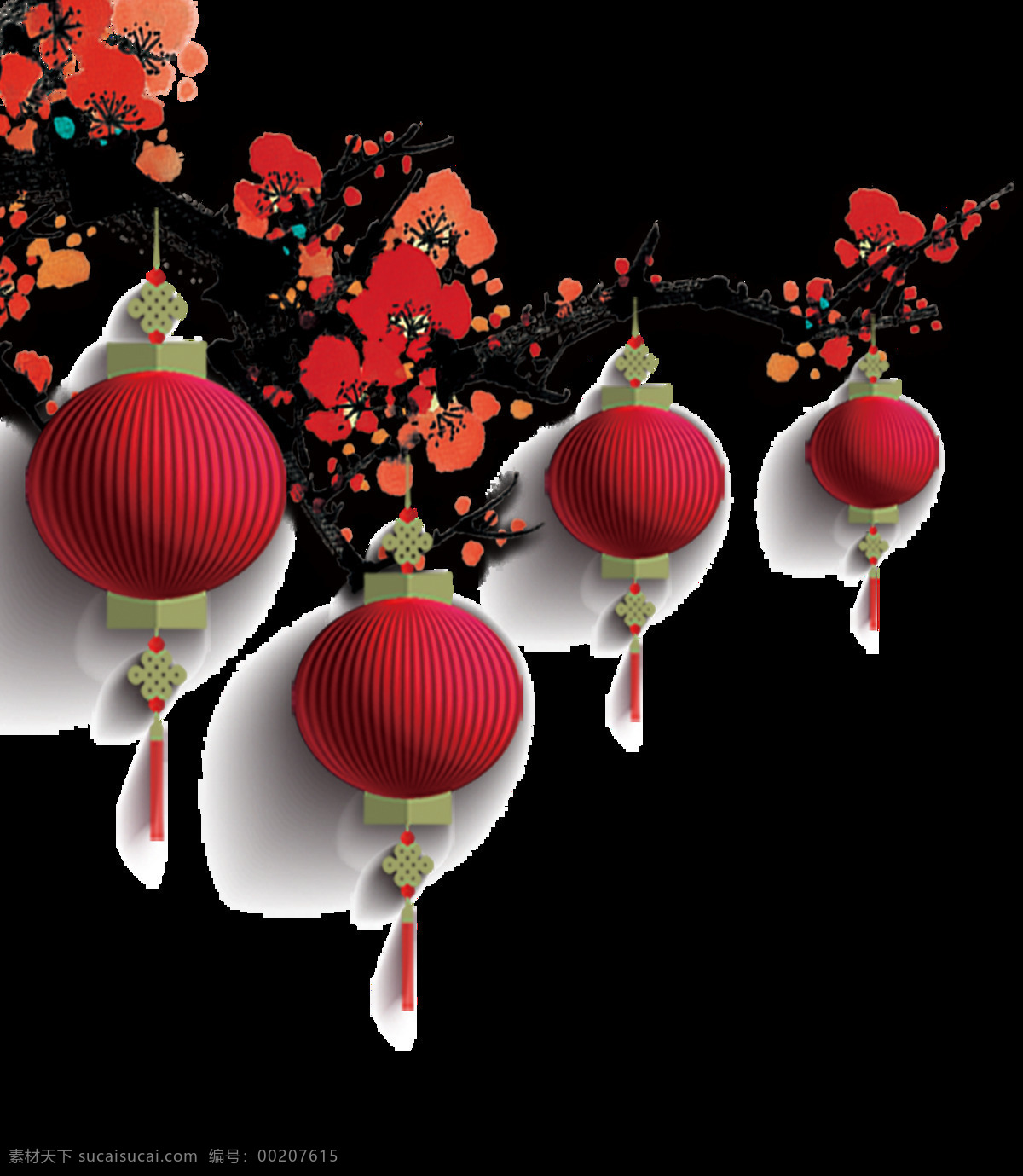 水墨 梅花 灯笼 中国风 手绘 中国结 花朵 红色
