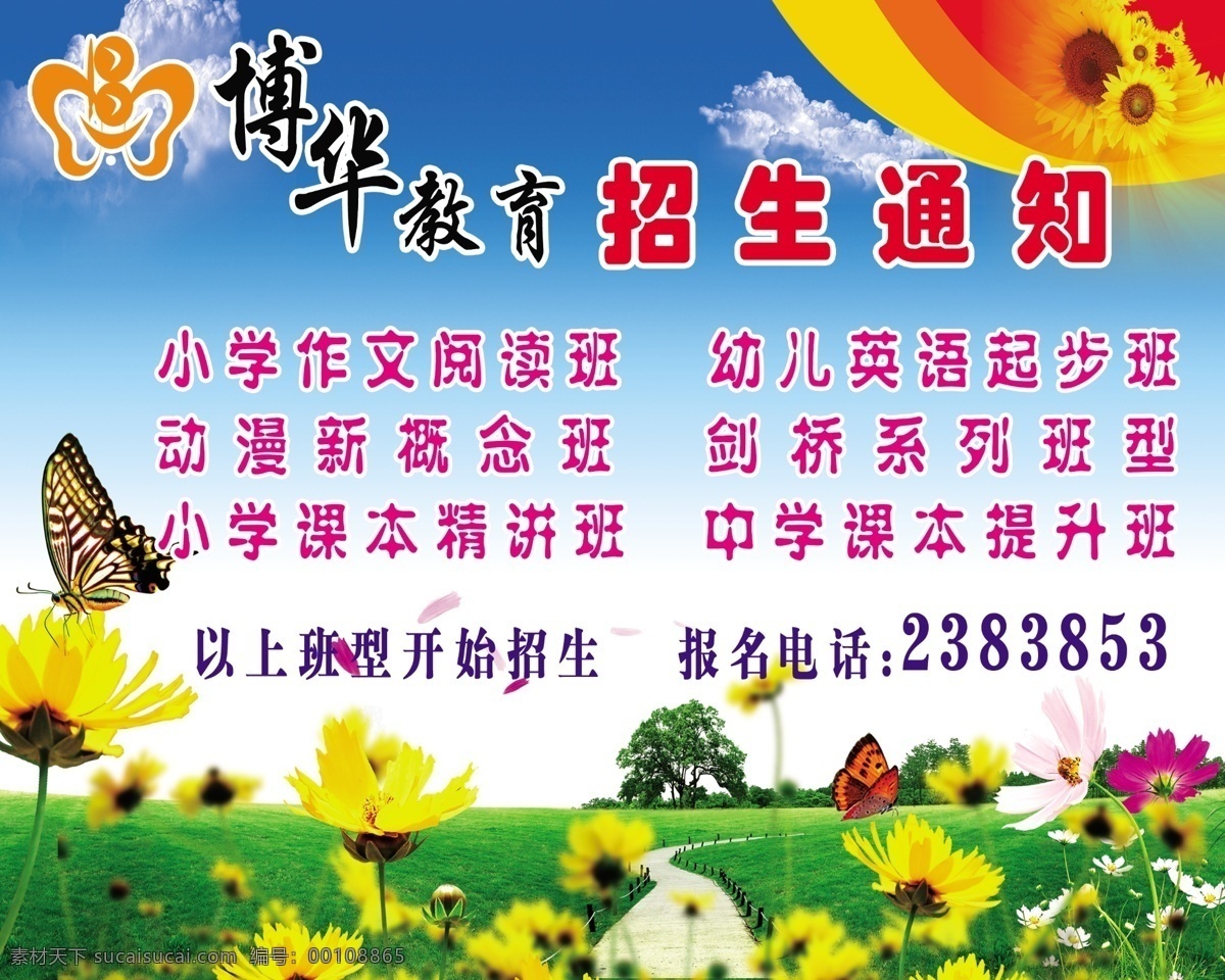 博华 教育 招生 海报 博华教育 招生通知 蝴蝶 向日葵 草地 蓝天 花70dpi 广告设计模板 源文件