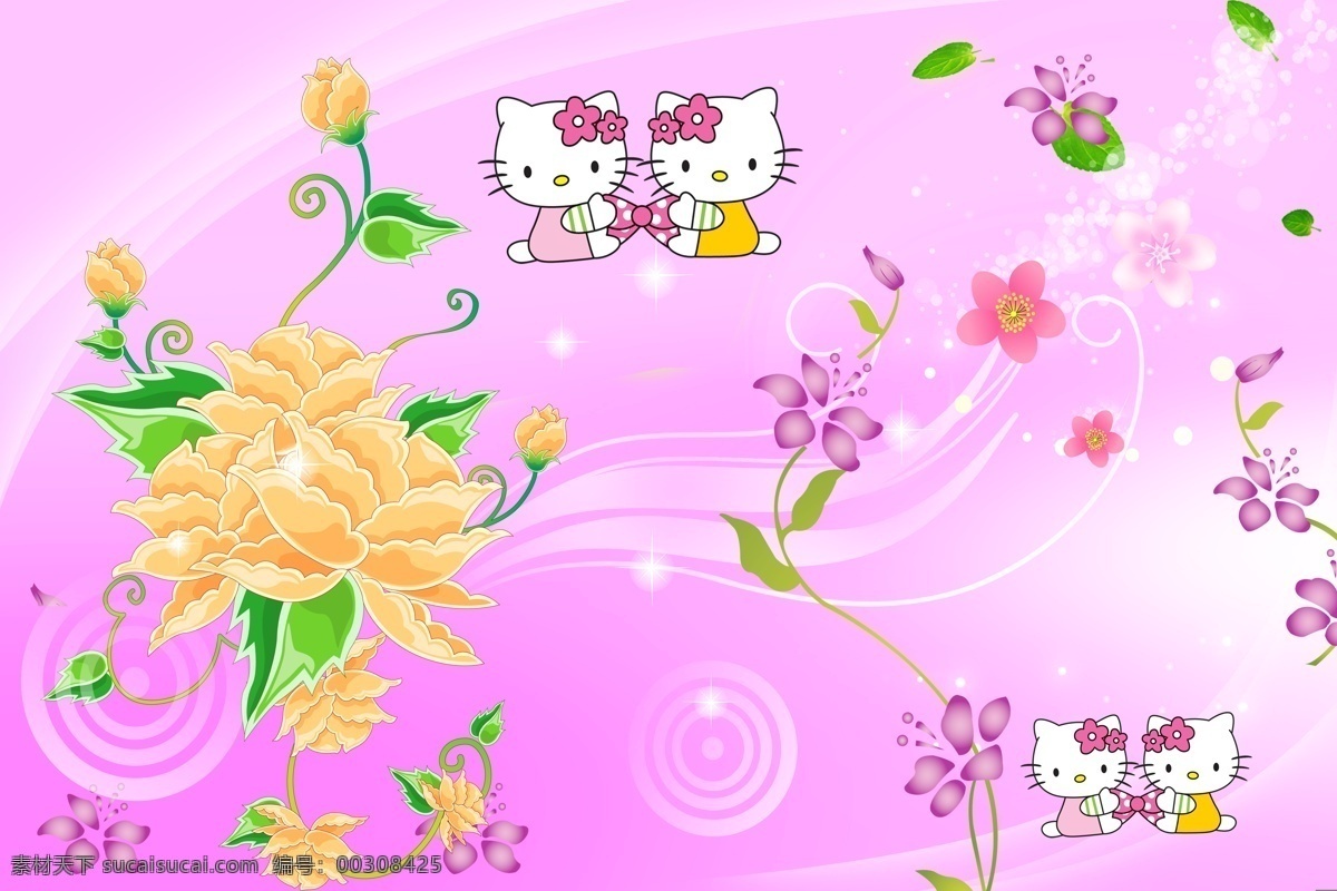 花朵移门 卡通 花朵 黄花 kitty 猫 星星 泡泡 线条 绿叶 移门 设计图库 底纹边框 移门图案