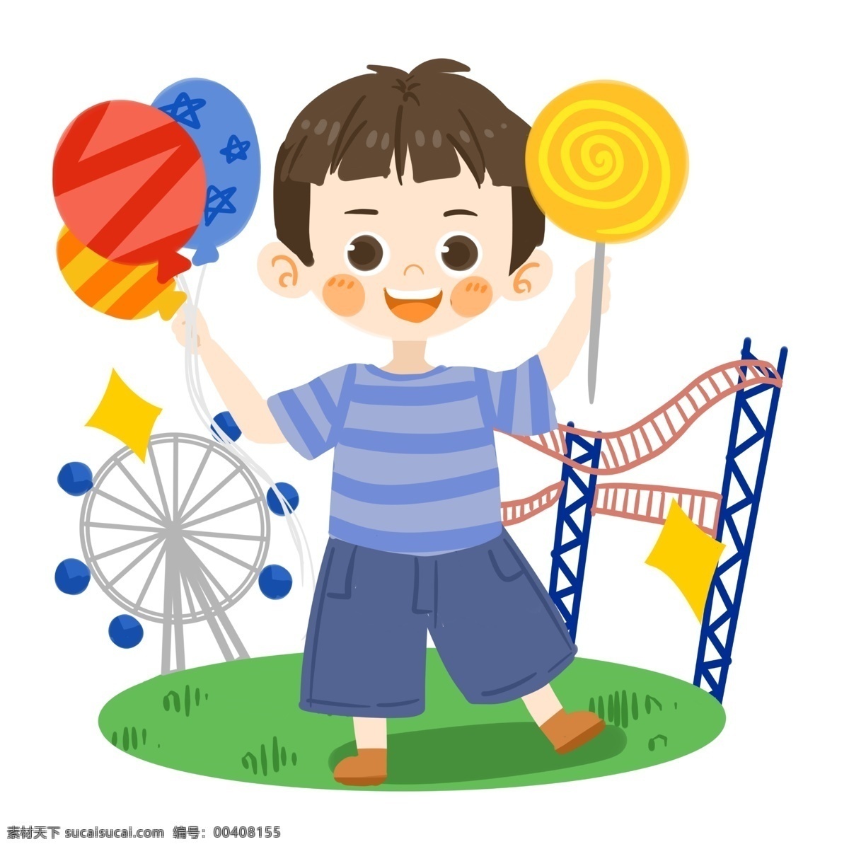 儿童节 可爱 男孩 玩 气球 玩耍 星星 游乐场 摩天轮 棒棒糖