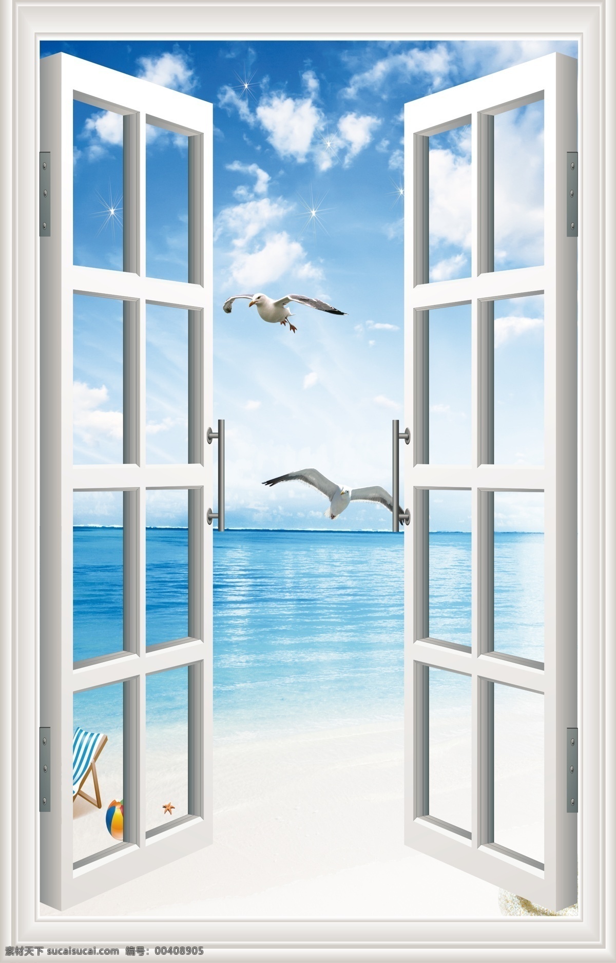 窗外风景 假窗 窗户 海景 天空 云彩 海鸥 海 家居 门窗 分层