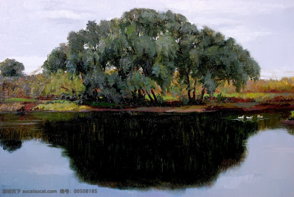 风景油画 河流 绘画 绘画书法 美术 树木 水乡 乡间小河 油画 鸭子 河滩 油画艺术 油画作品18 文化艺术 装饰素材