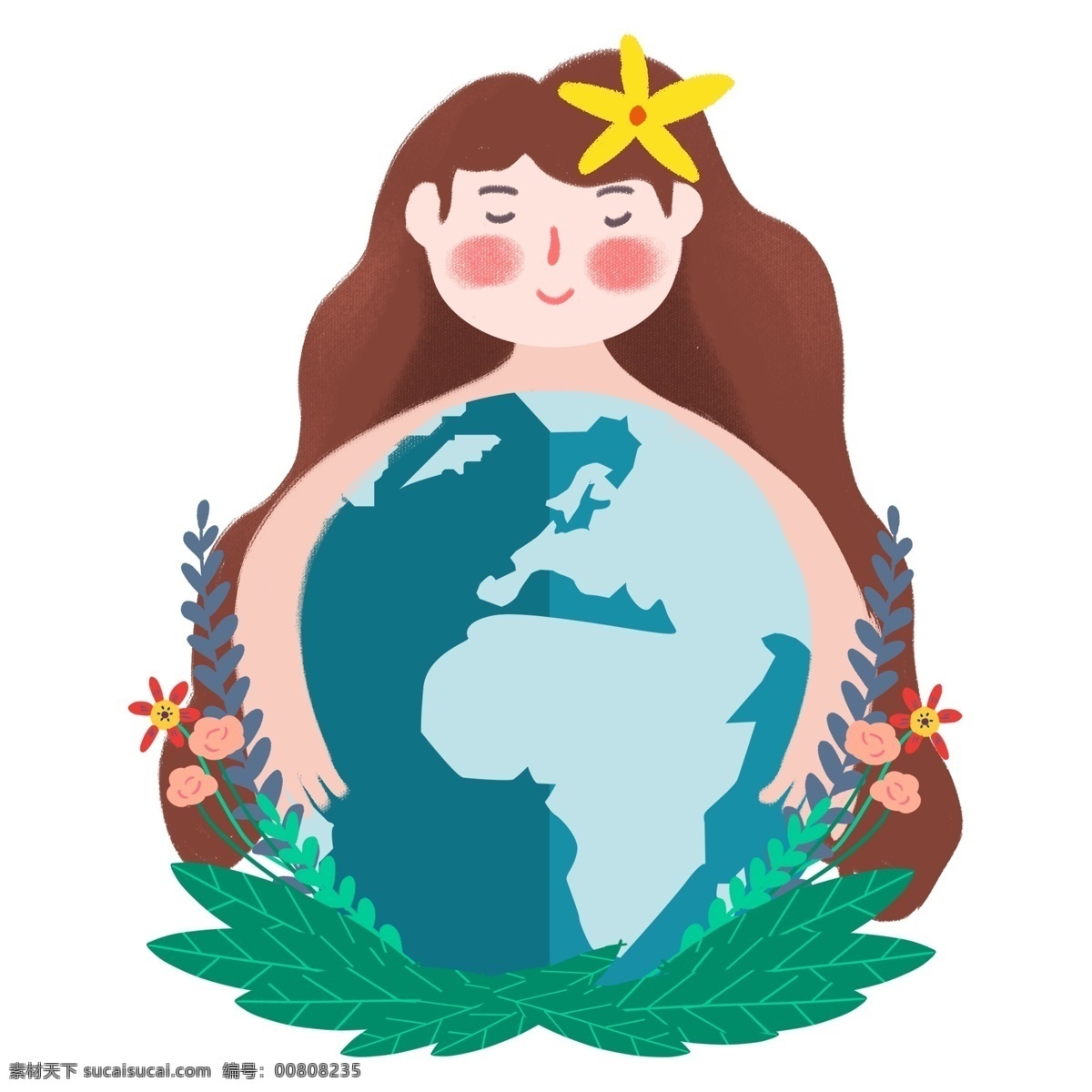 世界 地球日 拥抱 地球 女孩 免 抠 图 世界地球日 绿草 花朵 热爱环境 暖 系 小 清新 风格 广告 海报