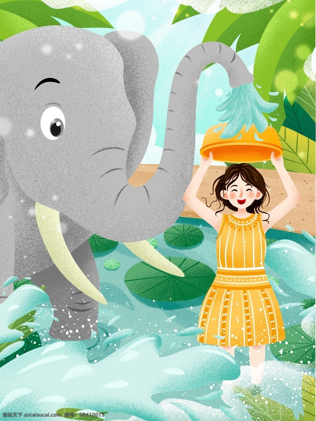 清新 泼水节 女孩 大象 插画 泼水 水 人物 卡通 可爱 玩水 植物 蓝天白云 荷叶 河流 手绘