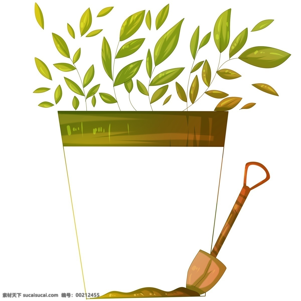 植树节 盆栽 边框 插画 绿色的盆栽 小树 植树 种树 树苗 树叶 卡通插画 锋利的铁锹