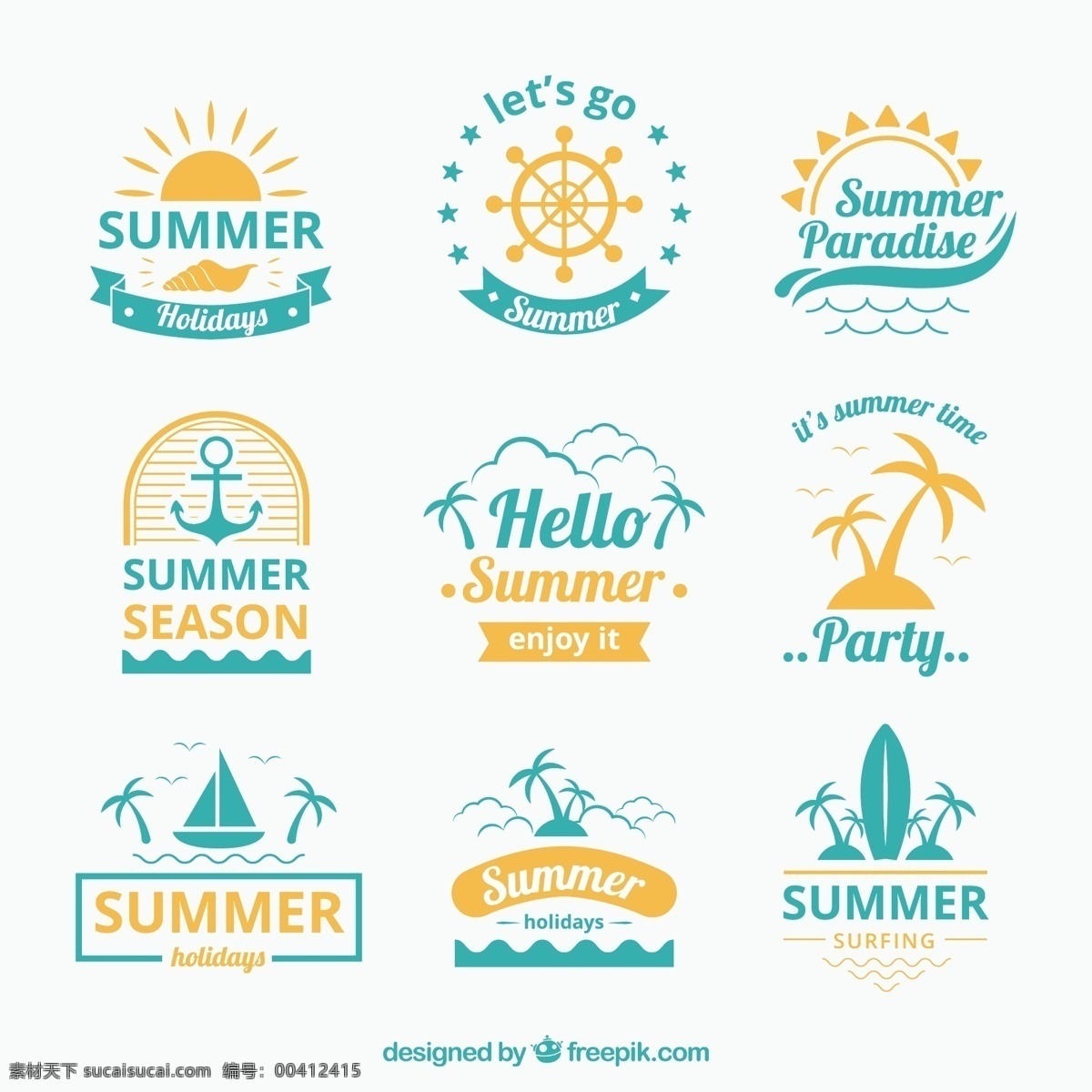 蓝色 黄色 夏季 标志 收集 海洋 海滩 阳光 假日 度假 夏季海滩 季节 包装 设置 季节性