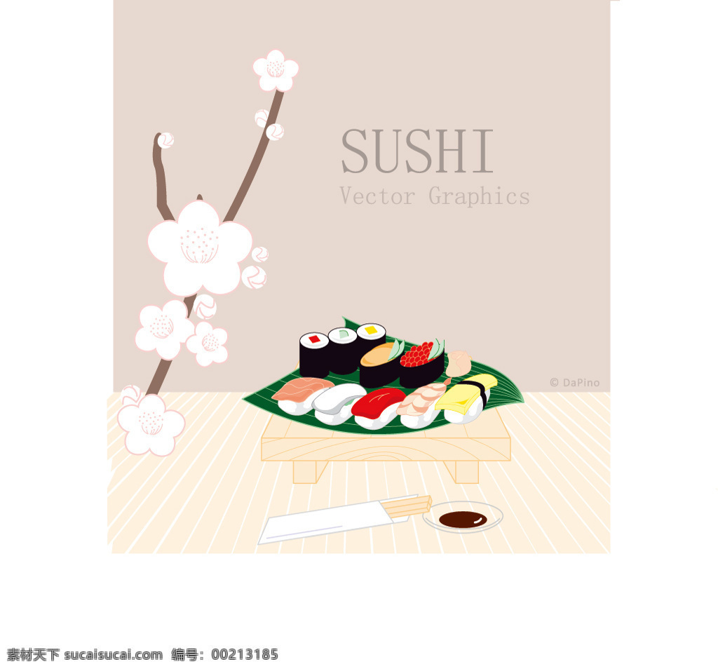 日式 风味 寿司 矢量食品 日式风格 樱花 筷子 碟子 木托 矢量图 eps格式 白色