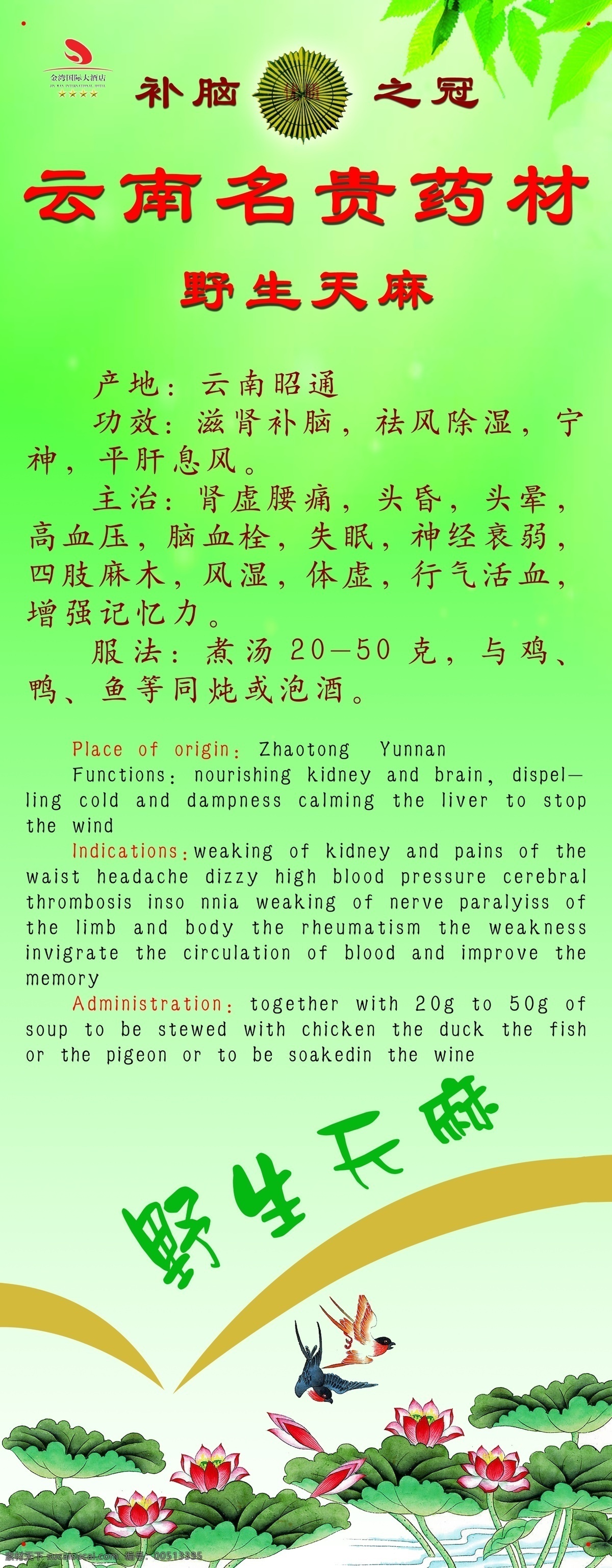 广告设计模板 荷花 源文件 云南 名贵药材 模板下载 云南名贵药材 野生天麻 补脑之冠 天麻的说明 psd源文件
