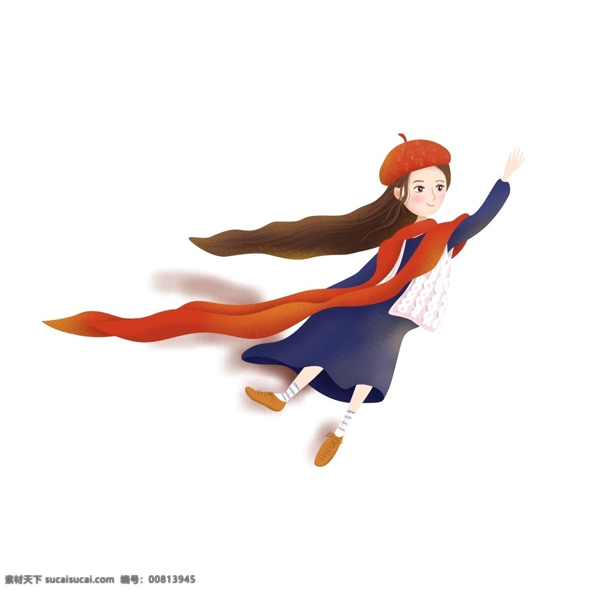 飞起 少女 卡通 元素 长发 蓝色裙子 戴帽