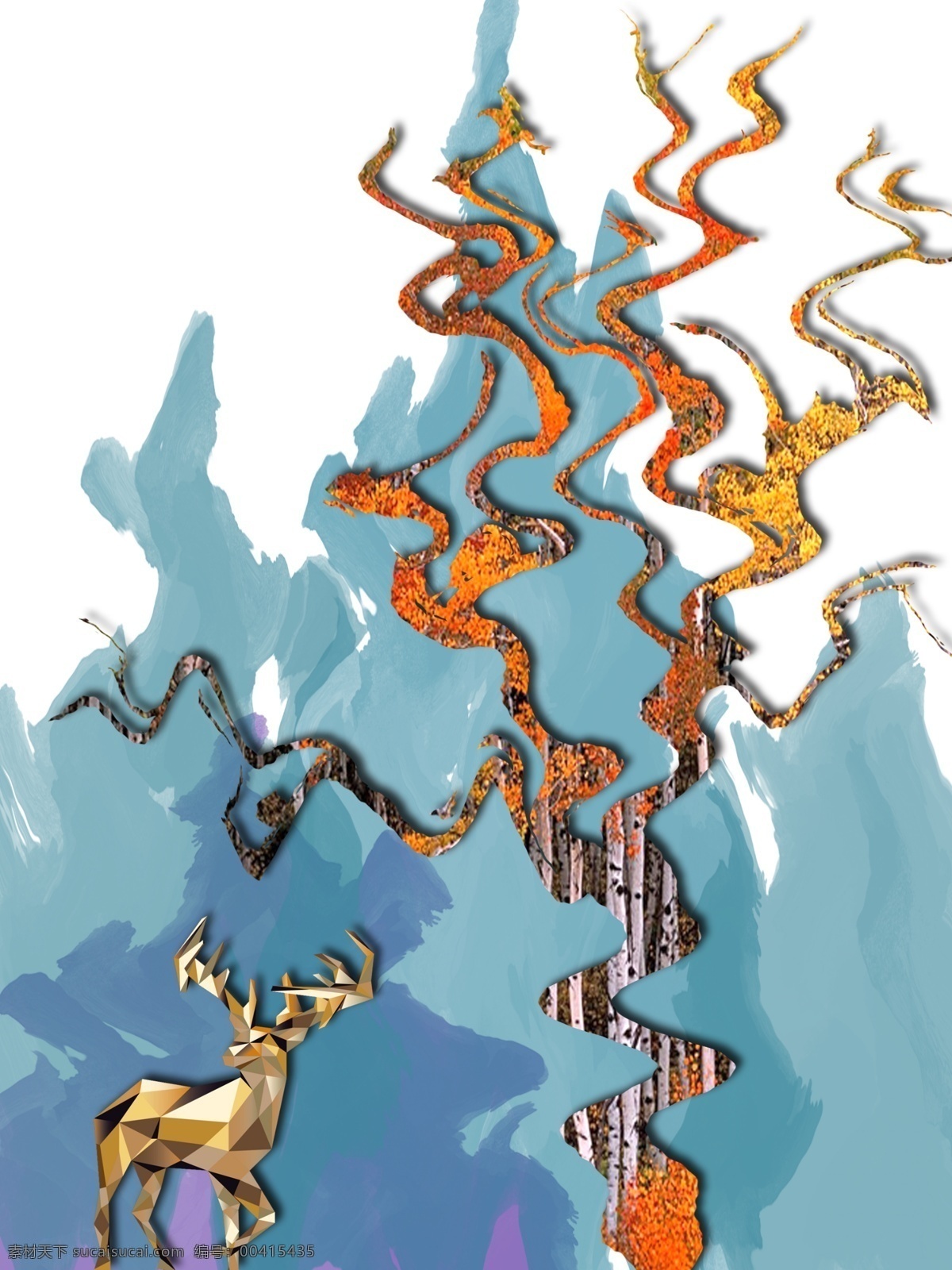 简约 手绘 波浪 剪影 树 客厅 装饰画 水彩背景 剪影树 一联画 淡蓝色抽象山 几何金色鹿