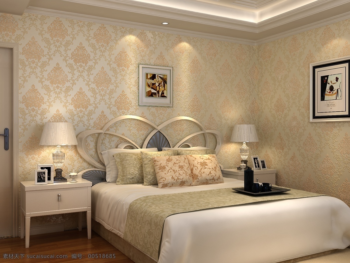 卧室 墙纸 效果图 渲染 欧式 大马士革 壁纸 室内 场景 室内设计 环境设计