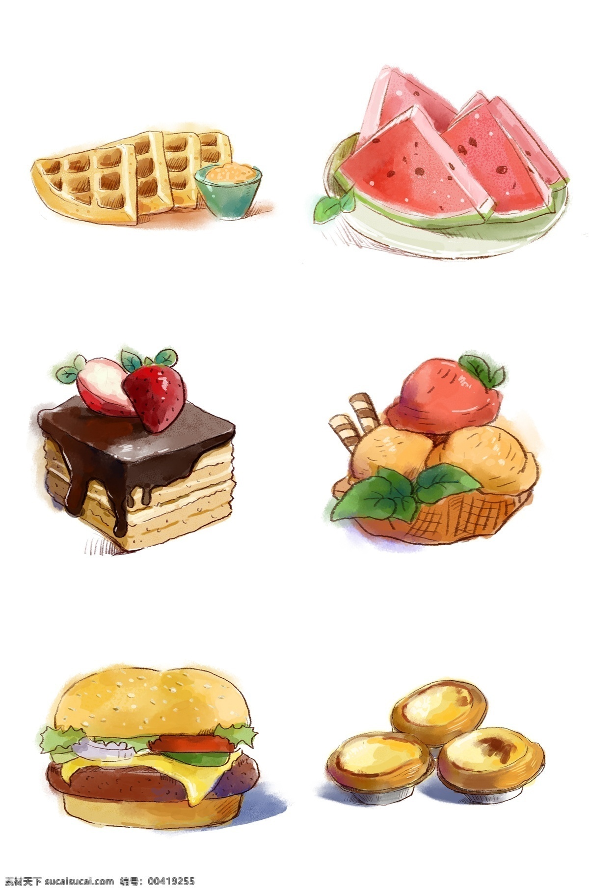手绘 水彩 各种 食物 小清新 免抠 卡通 原创 可爱 奶油 樱桃 汉堡 糕点 美丽 美味 美食 蛋糕 女生 水果 蔬菜