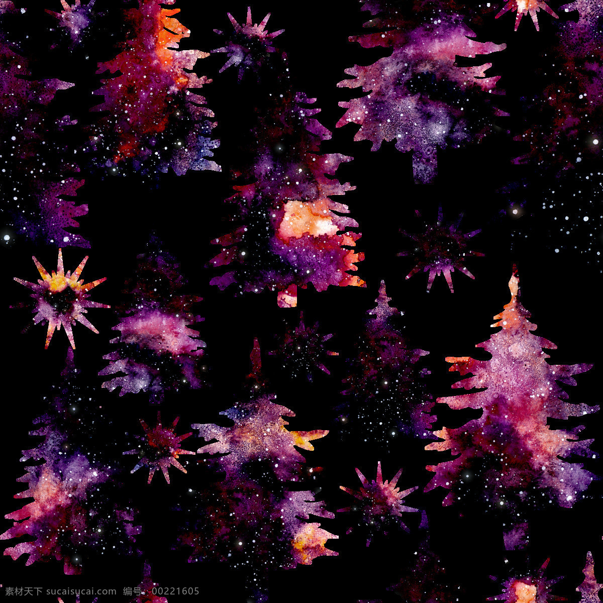 手绘 渲染 圣诞树 透明 斑斓 黑色 免扣素材 圣诞节 水彩 透明素材 艺术 装饰图案 紫色