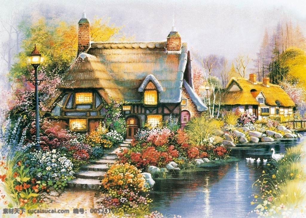 小屋 溪水 童话世界 外国油画 树木 花草 鸭子 风景油画 高清风景油画 名画 山水画 高清山水画 高清山水油画 文化艺术 绘画书法