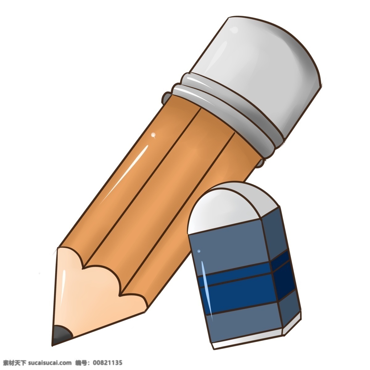 手绘 学习 工具 铅笔 插画 学习的铅笔 卡通插画 学习工具插画 手绘工具插画 粗粗的铅笔 蓝色的橡皮擦