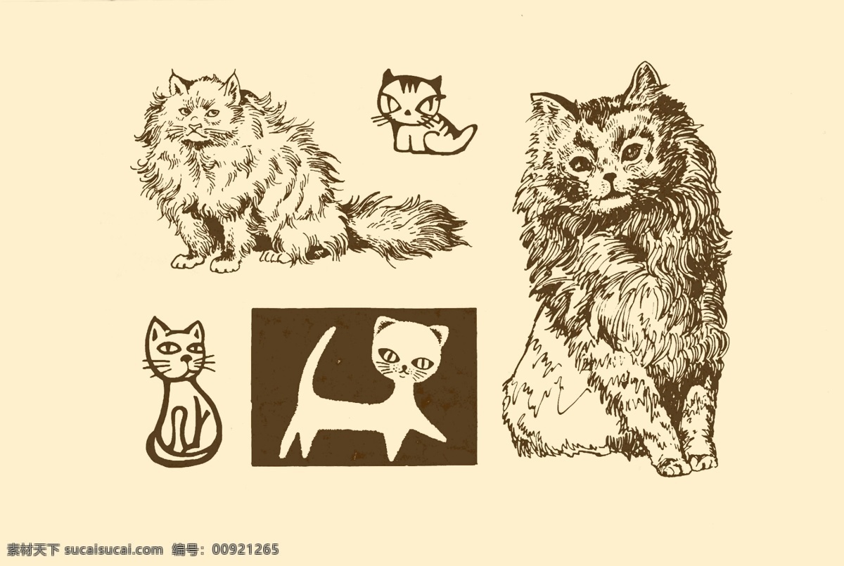 动物图案 猫 卡通 动物 纹样 图案 白描 简笔画 儿童画 猫科动物 分层 源文件