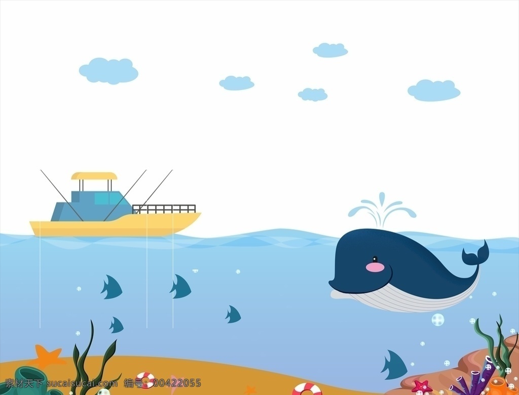 海洋绘本 绘本 插画 鲸鱼 蓝色 海洋 鱼群