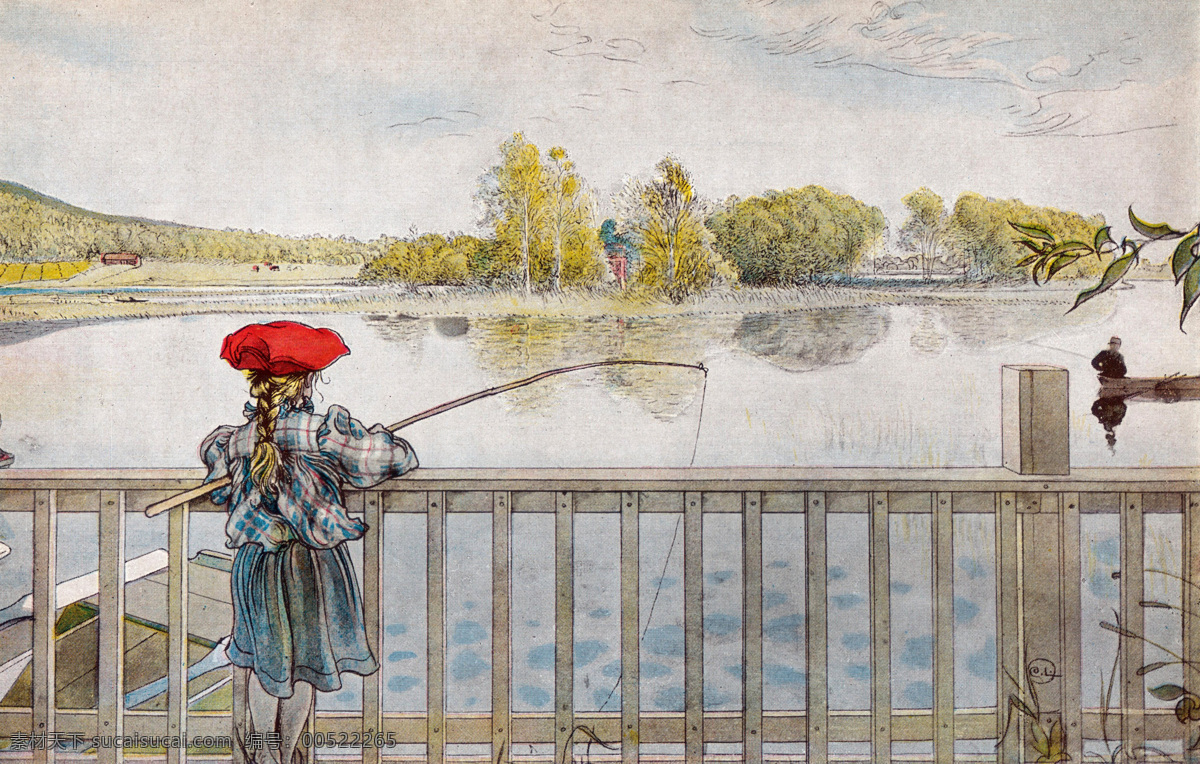 人物绘画 卡尔 拉尔森 艺术 河流 儿童 女生 栏杆 湖水 钓鱼 垂钓 流派艺术 国家博物馆 卡尔拉尔森 瑞典画家 绘画书法 文化艺术