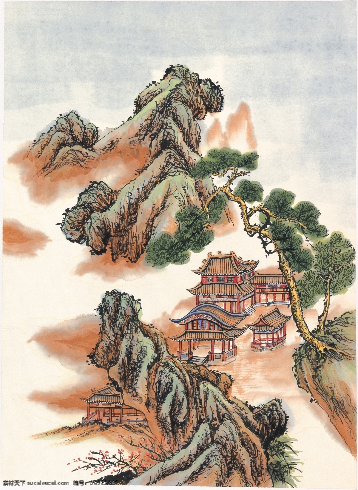 国画山水图 国画 山水图 亭台楼阁 工笔画 绘画书法 文化艺术