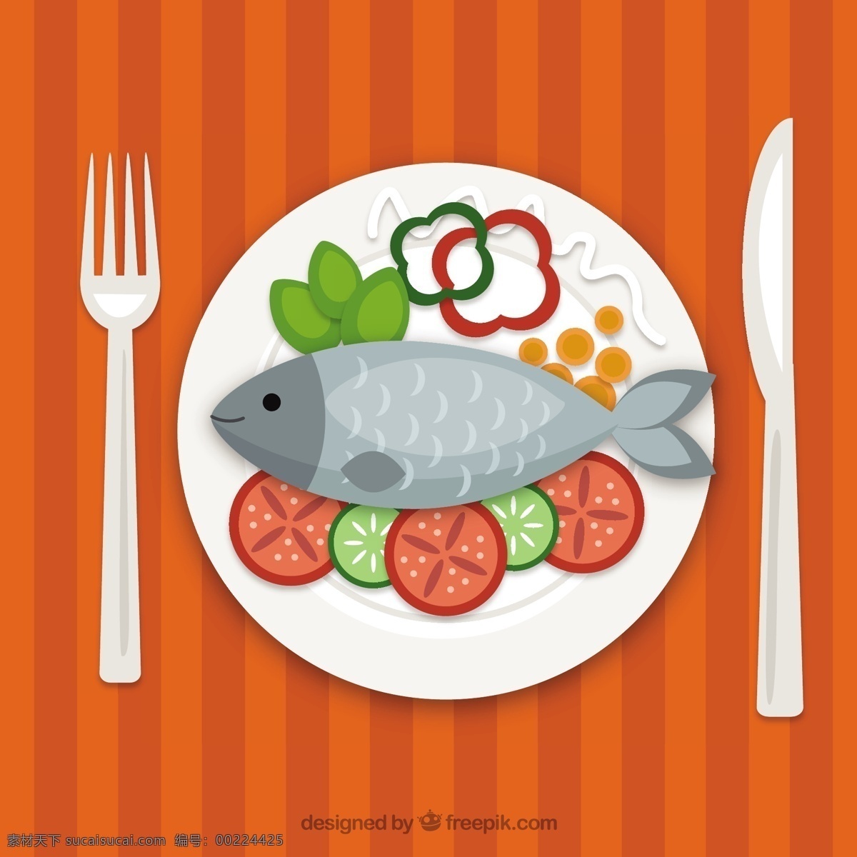 卡通 矢量 鱼 菜品 卡通鱼菜品 卡通菜品 刀 叉 橙色