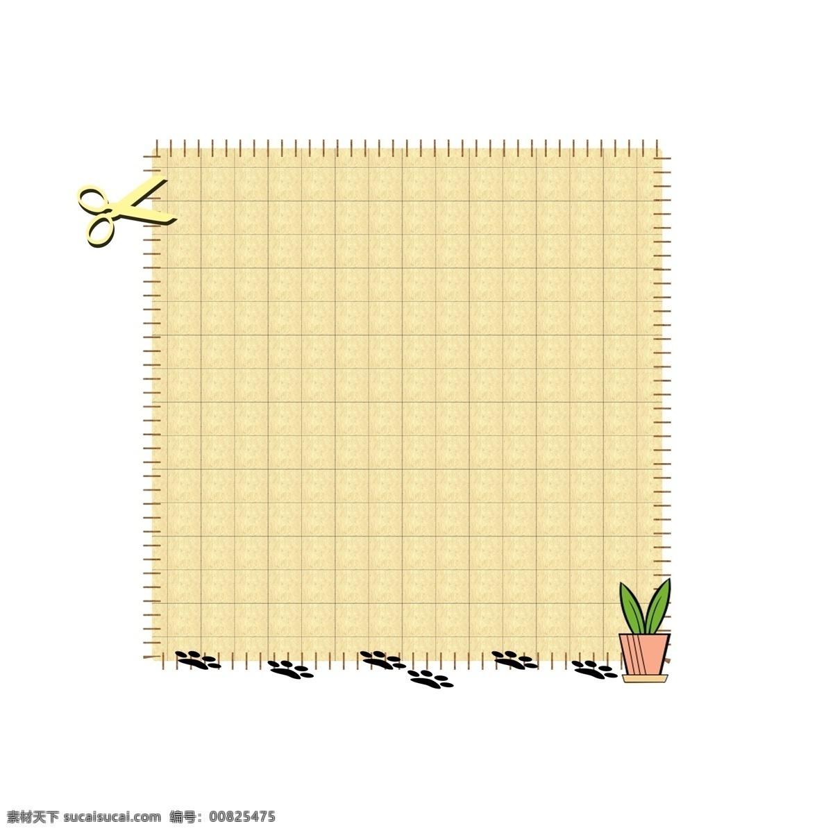 卡通 边框 剪子 插图 黑色剪子 绿色植物 小格边框 黑色脚印 红色花盆 漂亮的个子 装饰植物 卡通植物