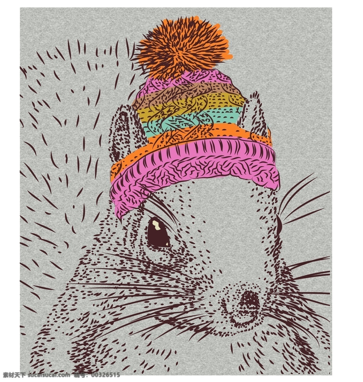 手绘 带 毛线帽 松鼠 手绘插画 手绘松鼠 可爱松鼠 动物 矢量素材 灰色