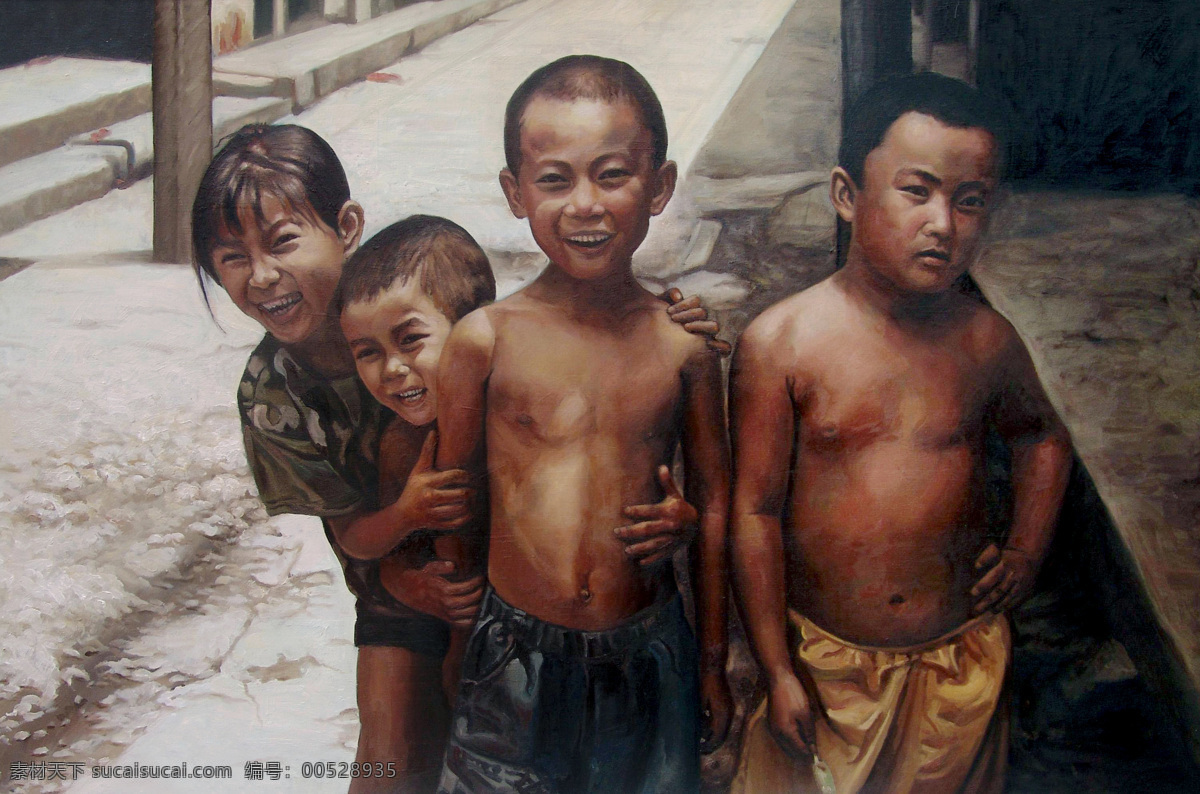 儿童 绘画书法 美术 男童 女童 人物画 童年 油画 小男孩 小女孩 街面 油画艺术 油画作品26 文化艺术 家居装饰素材