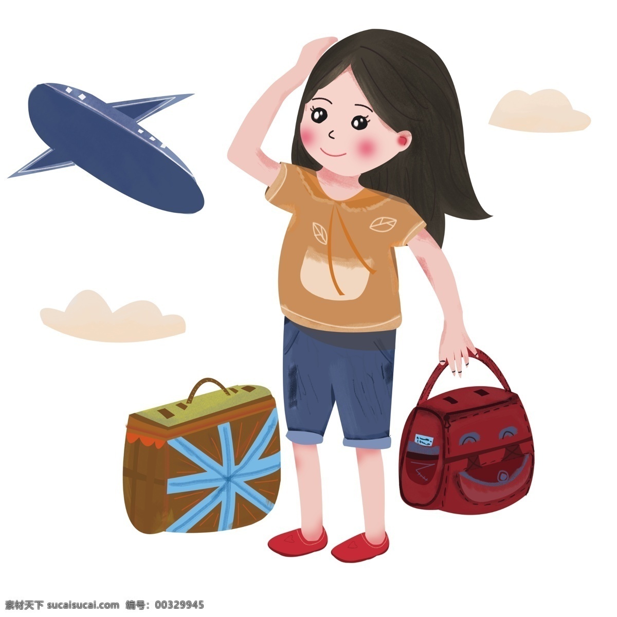 清新 简约 手绘 女孩 包包 坐 飞机 去 旅行 插画 卡通女孩 手绘女孩 女生 飞行 拿着包包 坐飞机 飞机旅游 去旅行 度假 旅游插画 女孩插画
