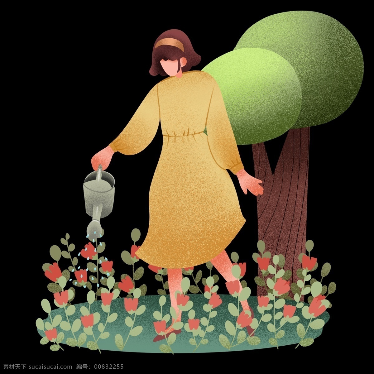 春游 踏青 浇水 插画 浇水的女孩 卡通插画 春游插画 踏青插画 游玩插画 郊游插画 绿色的大树