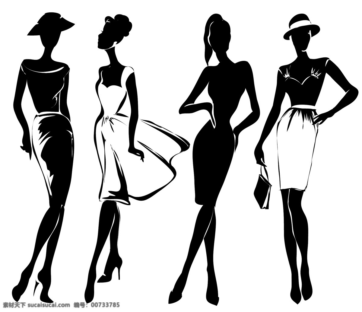 黑白 时尚 时装 插画 人物 模特 现代 裙子