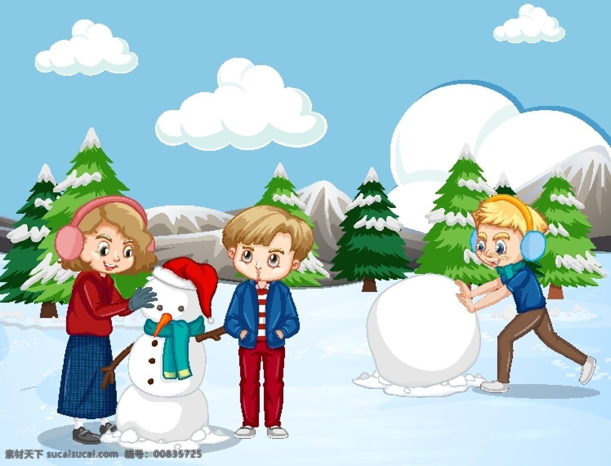 卡通冬天儿童 冬天 雪地 快乐儿童 学生 雪人 冬季 卡通儿童 卡通设计