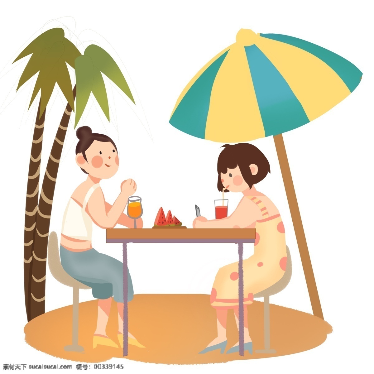 好友 同事 海滩 聚餐 夏日风情 夏威夷 可爱女孩 青春活力 言笑晏晏 欢声笑语 绘本风格 颜色亮丽