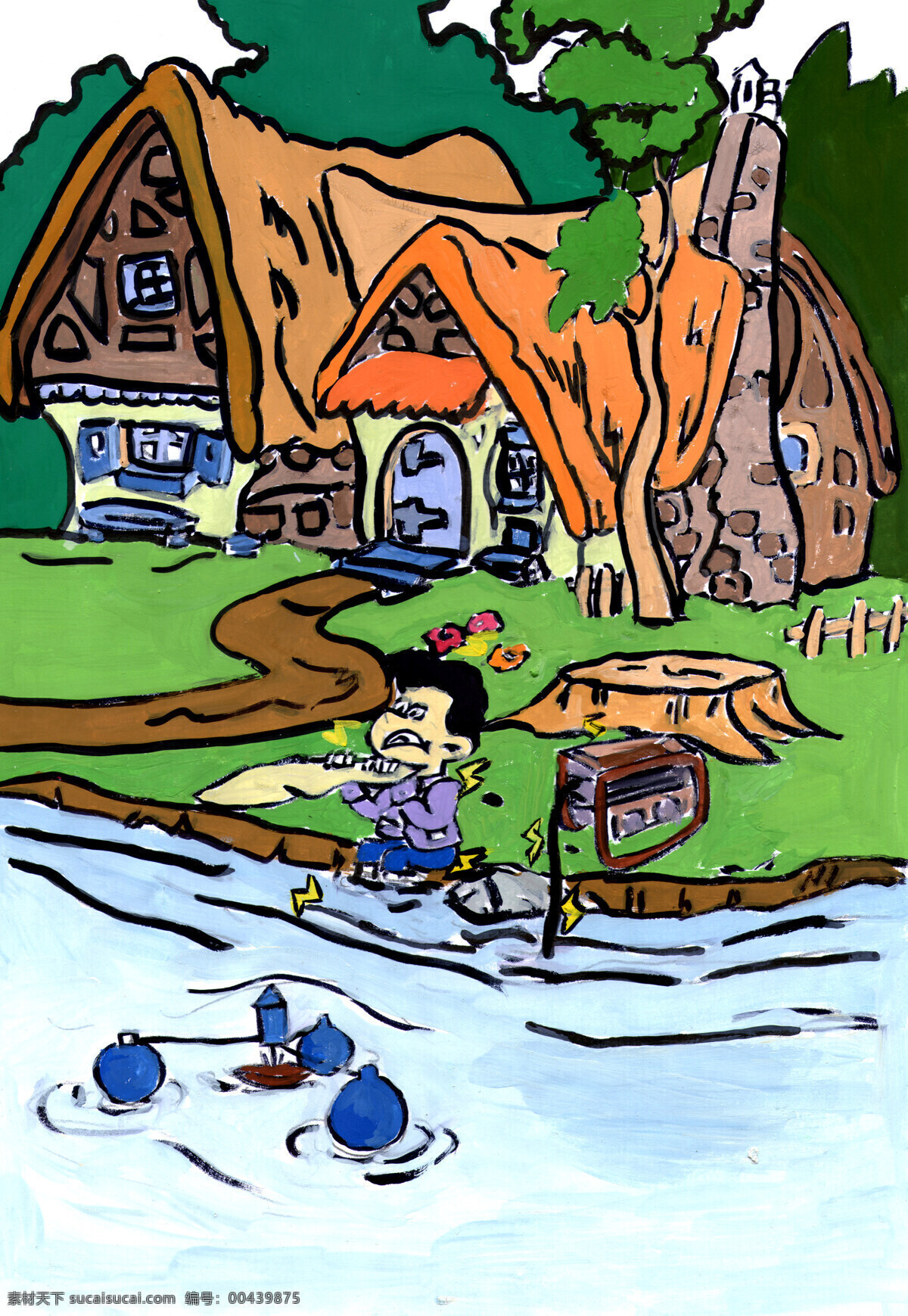 动漫动画 儿童风景画 风景漫画 家 卡通画 农场 儿童 风景画 设计素材 模板下载 儿童手绘图 鱼塘 卡通 动漫 可爱