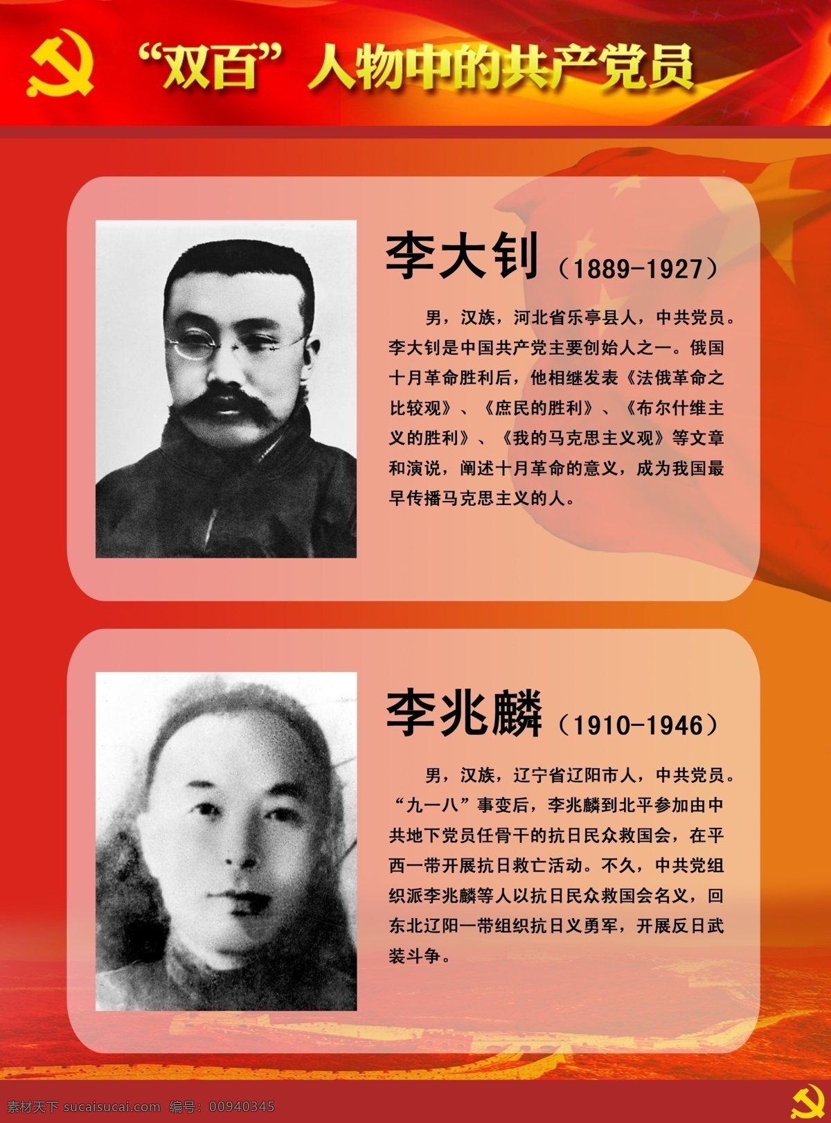 双百人物展板 双百人物 共产党员 李大钊 李兆麟 英雄人物 牺牲 英雄 展板模板 广告设计模板 源文件