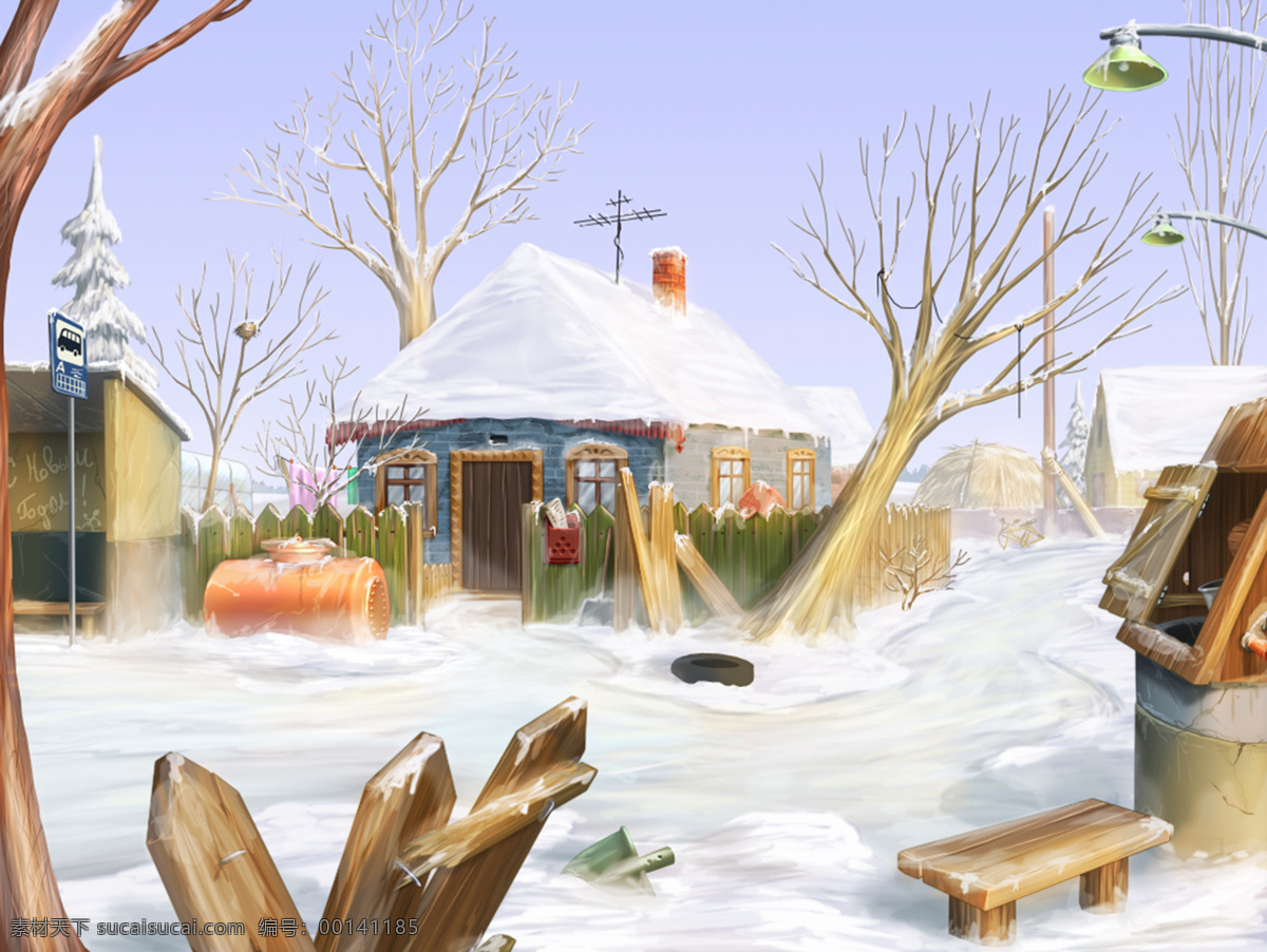 卡通 冬天 雪景 插画 冬季 房子 白雪 雪地 卡通风景 自然 手绘 绘画 儿童画 高清图片 雪景图片 风景图片