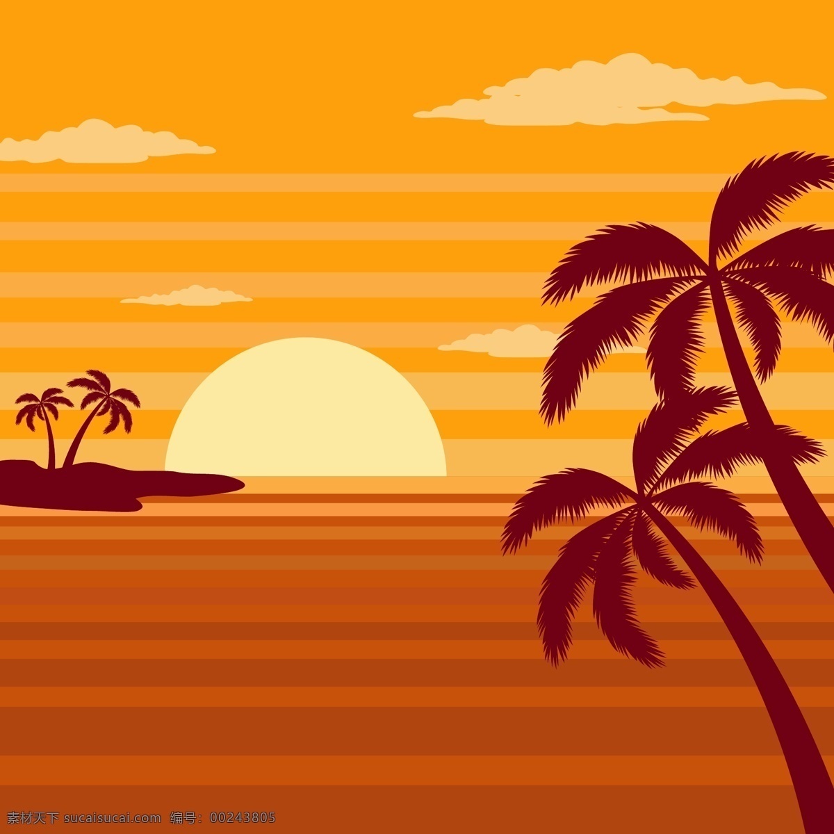 夕阳 下 大海 棕榈树 矢量图 云朵 岛屿 自然 沙滩 动漫动画 风景漫画