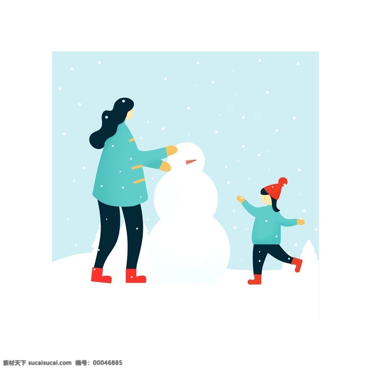 原创 冬季 元素 堆 雪人 商用 可爱 亲子 亲子时光 玩耍 推雪人