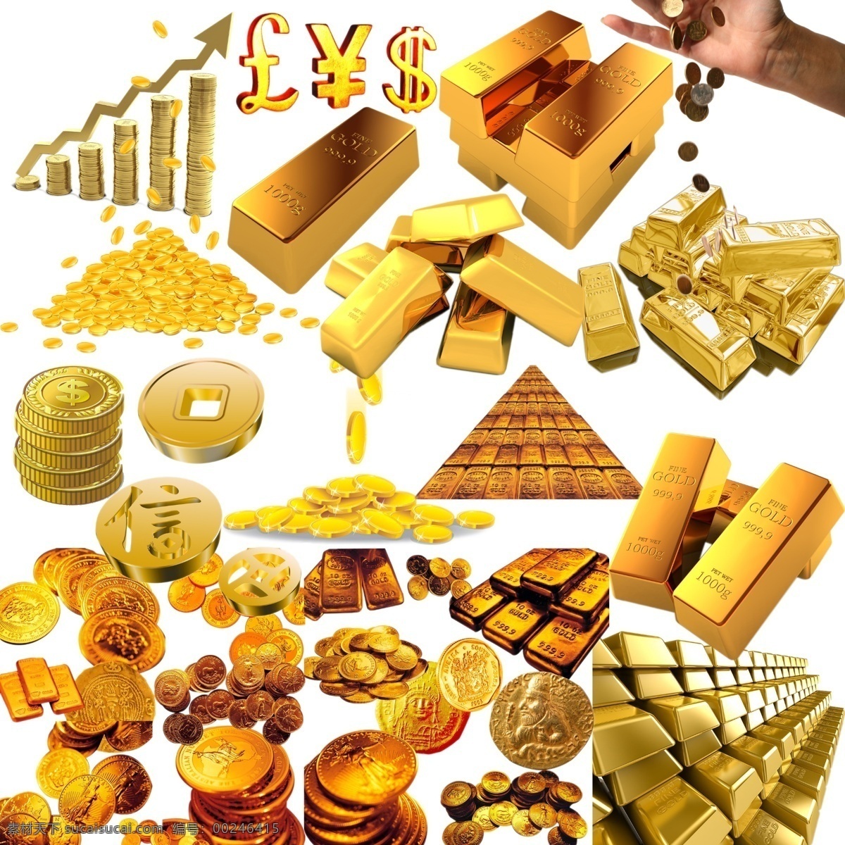 金币 金条 集锦 金字塔 金色铜钱 人民币标志 美元标志 各类素材 分层