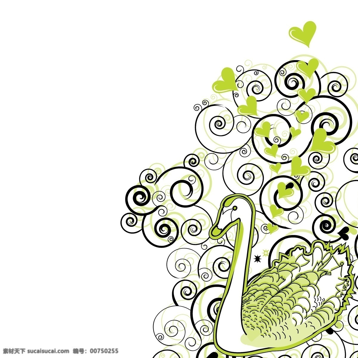 绿色 天鹅 花纹 背景 矢量 鹅 爱心 心形 心型 手绘 动物 卡通 插画 海报 画册 矢量动物 生物世界 家禽家畜