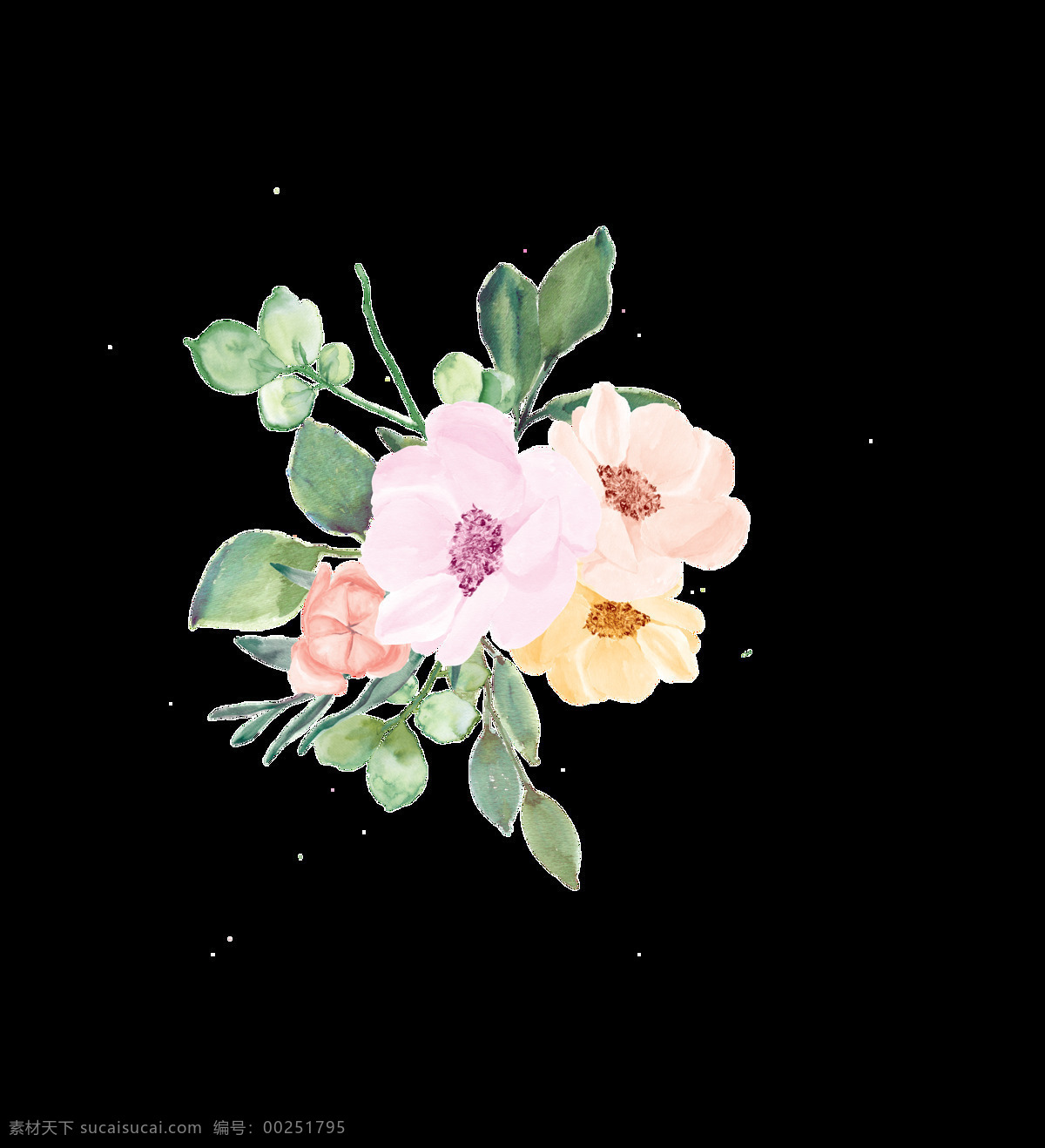 清雅 清新 花草 花束 装饰 粉红色 花朵 黄色 绿叶 免扣素材 透明素材 装饰图片