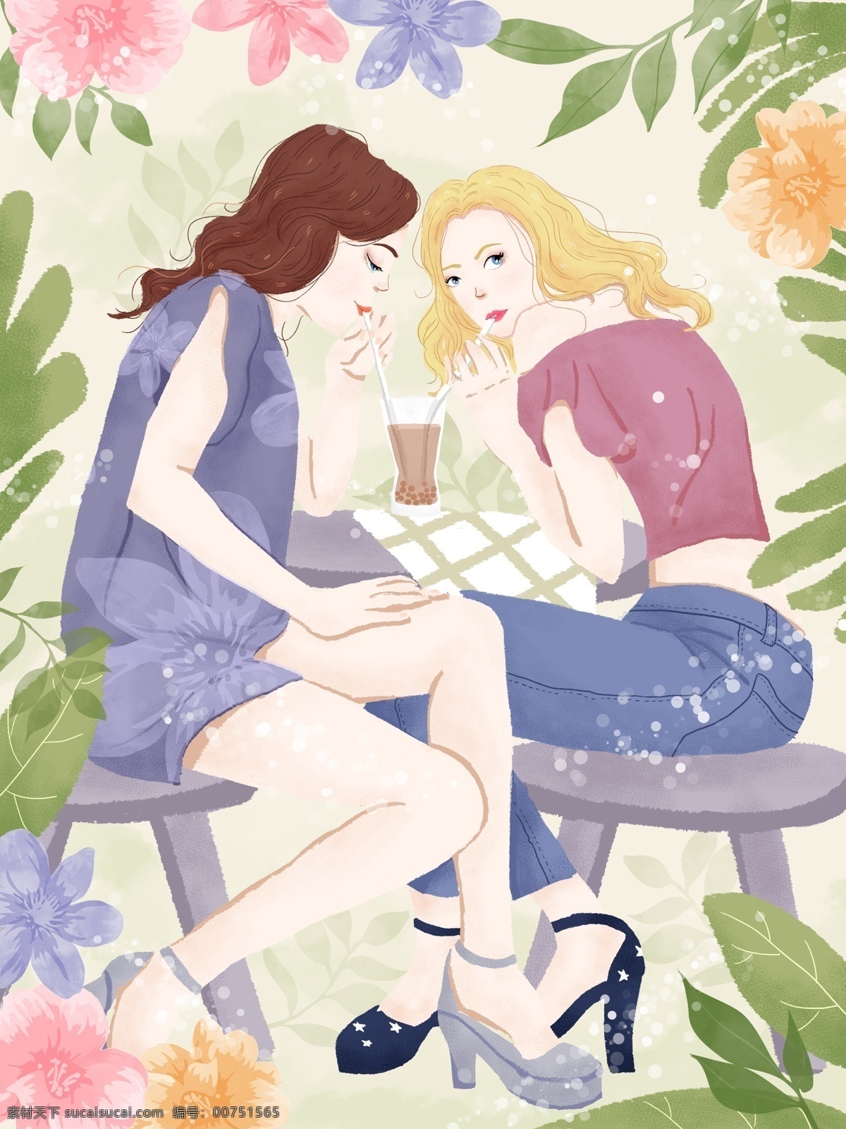 坐在 一起 喝 奶茶 闺 蜜 插画 美食 绿色 商业 闺蜜日常 姐妹 朋友 友情 手绘 小清新 肌理写实 鲜花 海报