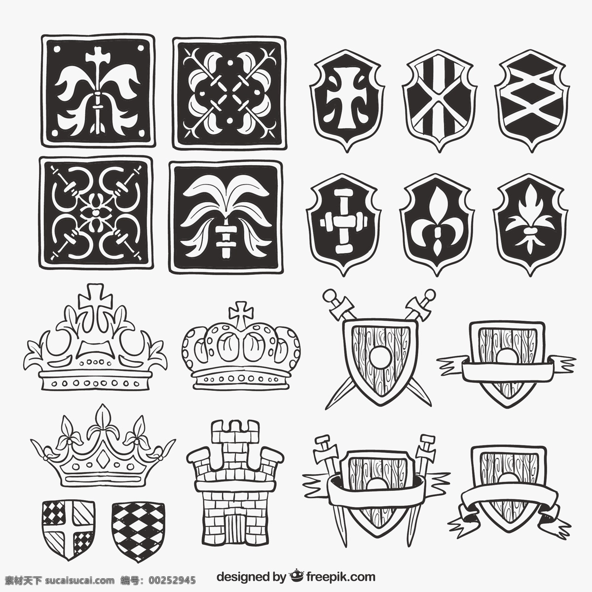 手 拉 护 盾 中世纪 元素 一方面 皇冠 徽章 盾牌 手绘 安全 交叉 装饰 绘画 会徽 象征 中世纪纹章 纹章的保护 包 白色