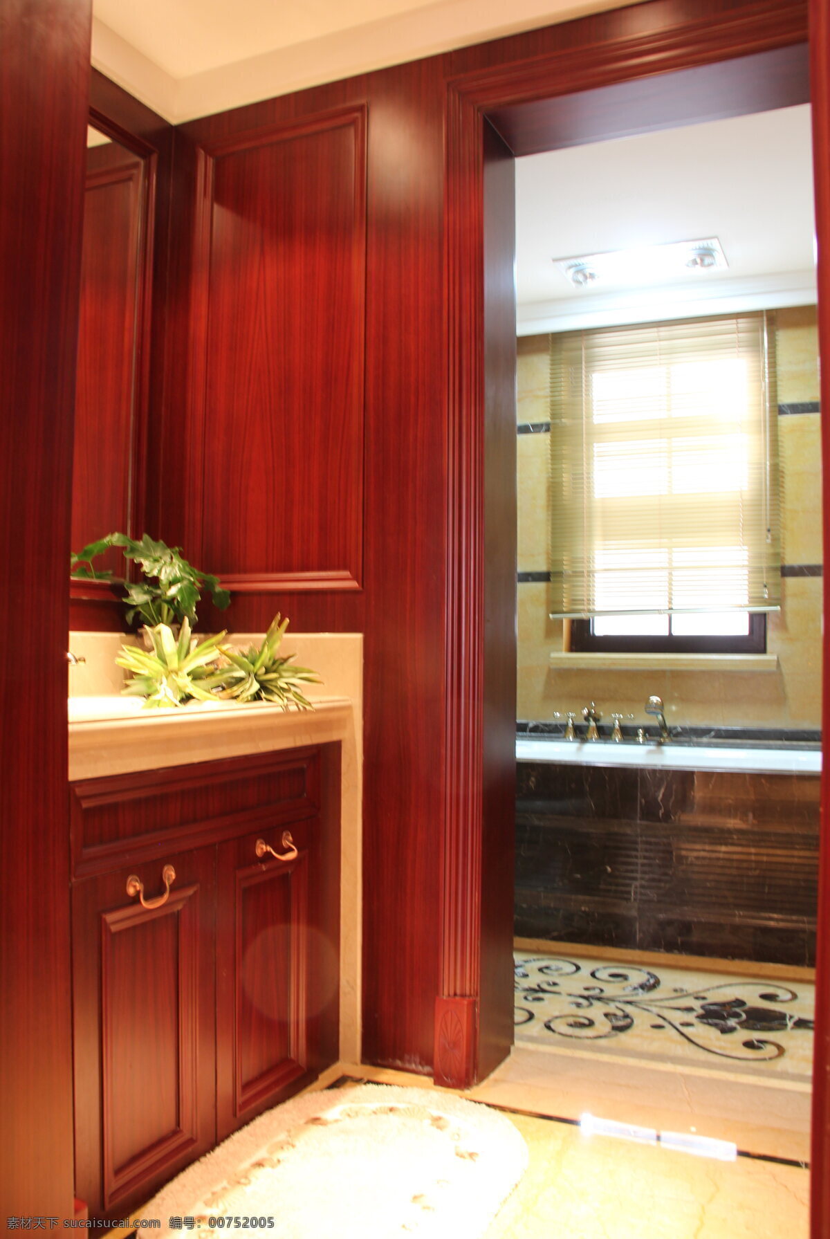 中式 时尚 浴室 深 红色 背景 墙 室内装修 效果图 木制背景墙 浴室装修 花纹地板 白色桌面