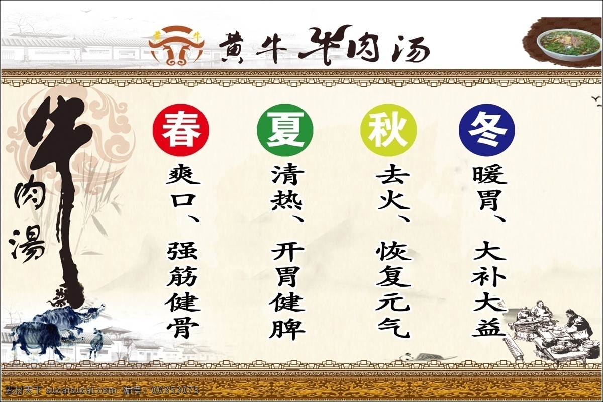 黄牛 牛肉 汤 春夏秋冬 黄牛牛肉汤 黄牛头 古典边框 古典房子 版面