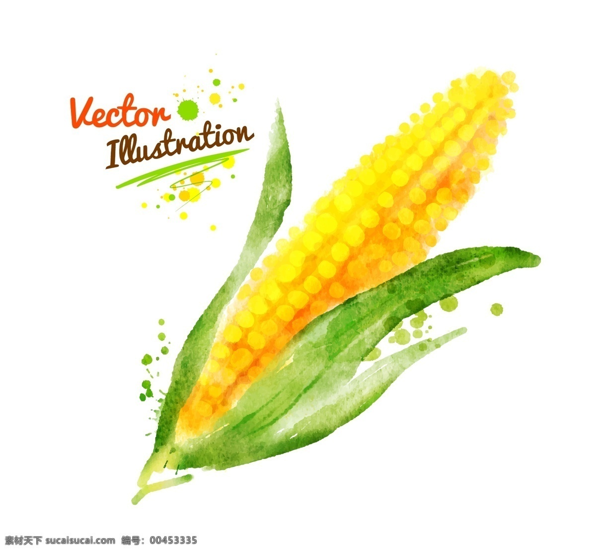 创意 喷溅 水彩 墨迹 玉米 蔬菜 矢量 黄色 插画 水墨 手绘 墨点