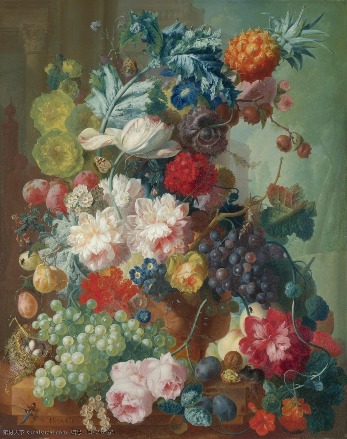 vase 花卉 水果 蔬菜 器皿 静物 印象 画派 写实主义 油画 装饰画 terracotta in flowers and fruit os van jan 荷花 玫瑰 百合 鲜花 实物 家居装饰素材